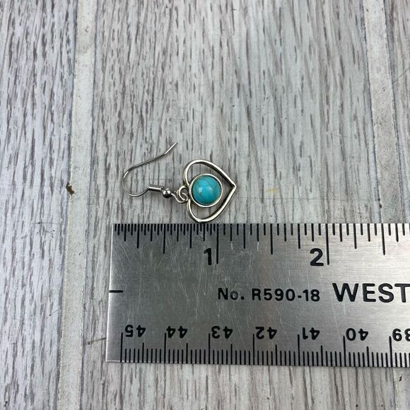 Heart Shape Silver Dangle Earrings With Round Turquoise Center Stone - Picture 5 of 5